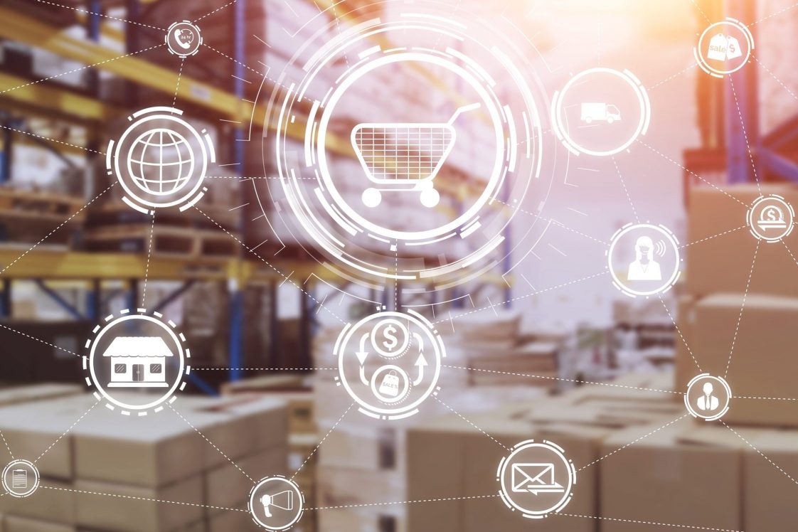 picture of warehouse with fulfillment icons overlaying it